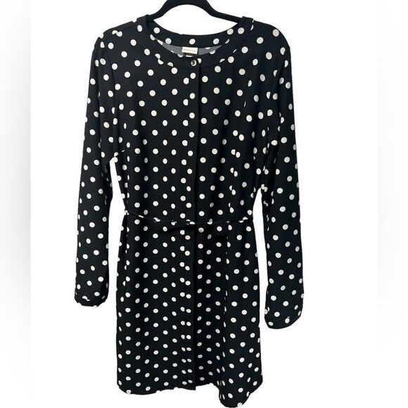 Merona Black White Polka Dot Long Sleeve Mini Dress Tie Belt Crewneck Button Up - Picture 1 of 8